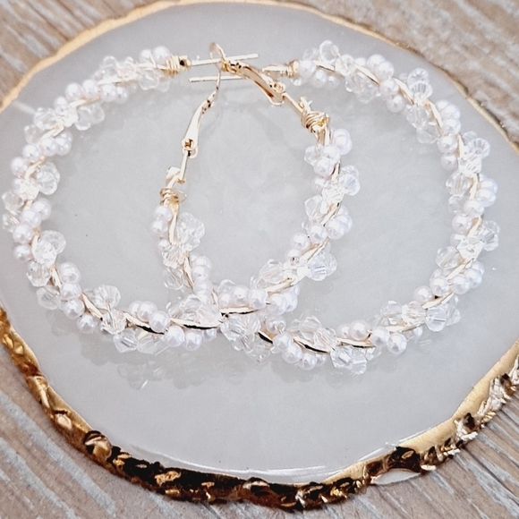 Gold hoop earrings Beaded Statement Boho faux Pearl chunky twist 💖2/$30 - Picture 13 of 14